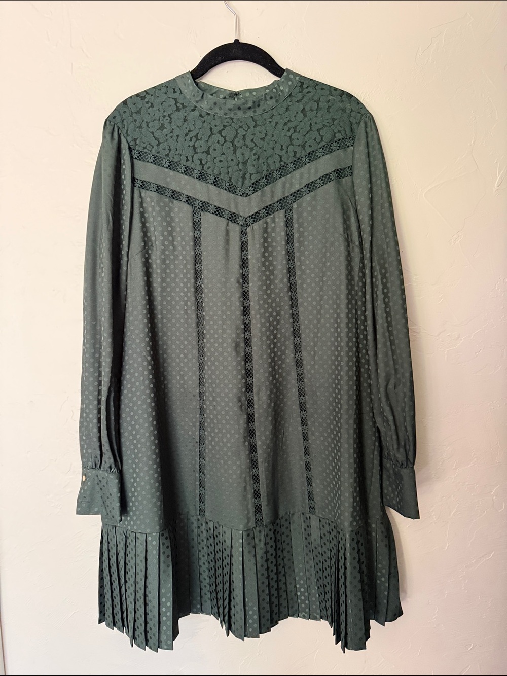 Ted Baker London 4 Long-Sleeve Lace Yoke Pleated Hem Dress - dark emerald green